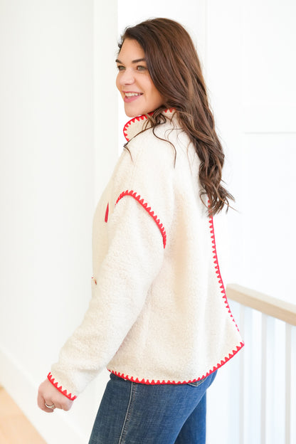 Sherpa Long Sleeve Open Front Jacket with Blanket Stitch Trim