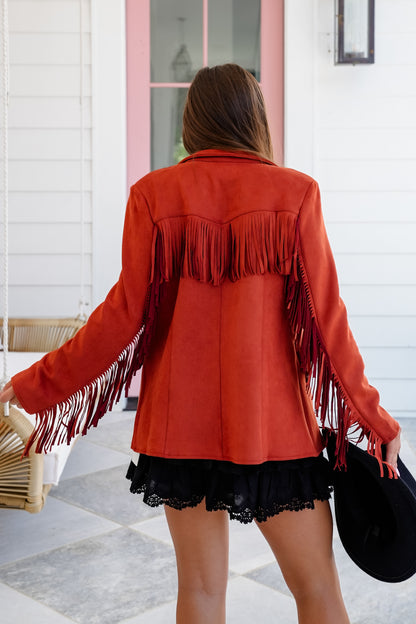 Vegan Suede Long Sleeve Jacket with Fringe Detail