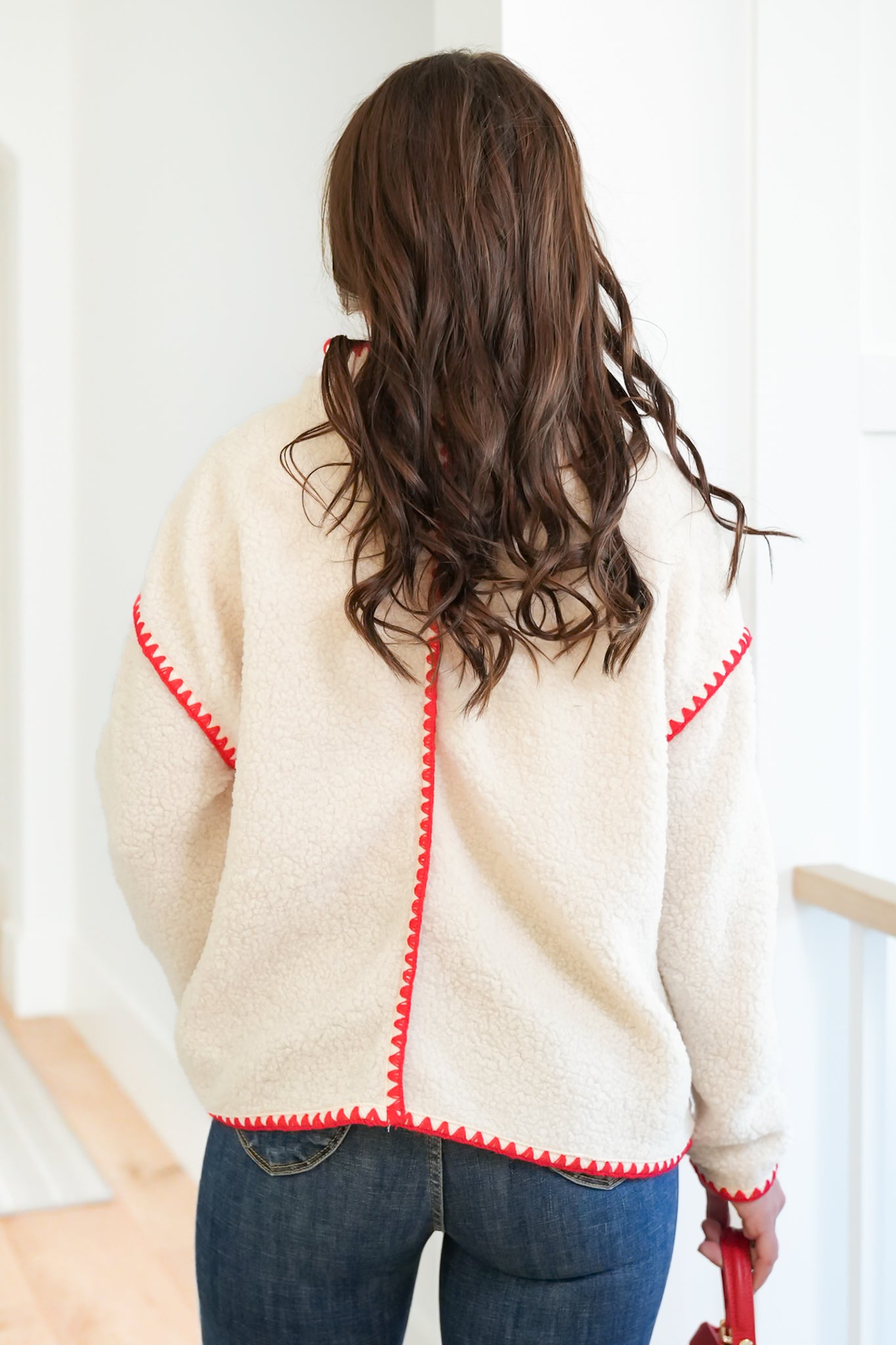 Sherpa Long Sleeve Open Front Jacket with Blanket Stitch Trim