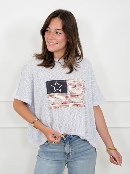 POL American Flag Patchwork Short Sleeve Top With Open Back Design