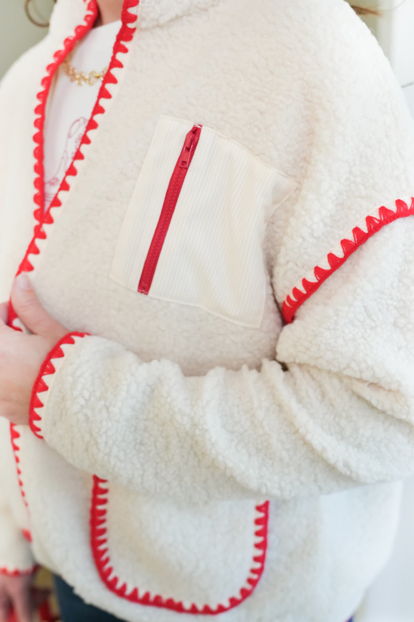 Sherpa Long Sleeve Open Front Jacket with Blanket Stitch Trim