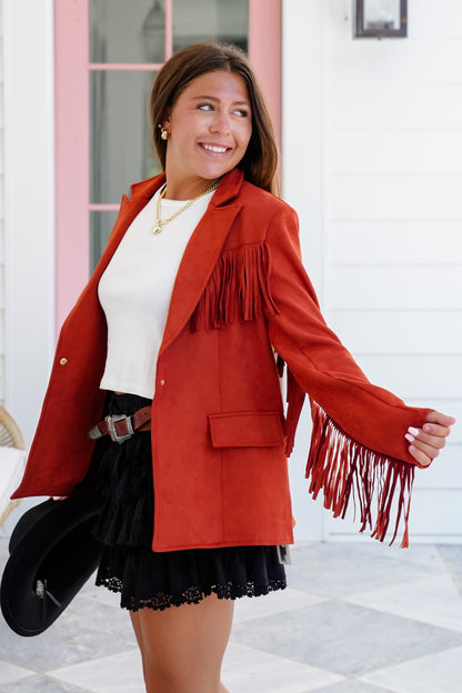 Vegan Suede Long Sleeve Jacket with Fringe Detail