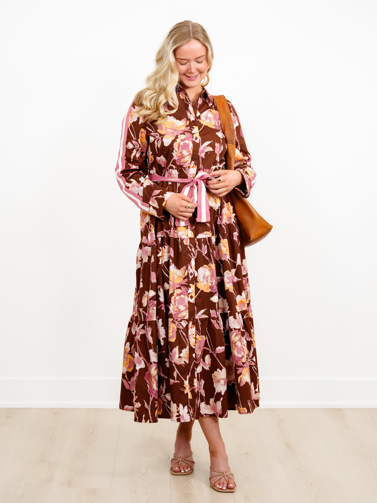 Plus/Reg Floral Long Sleeve Button Down Midi Dress - Freckled Poppy