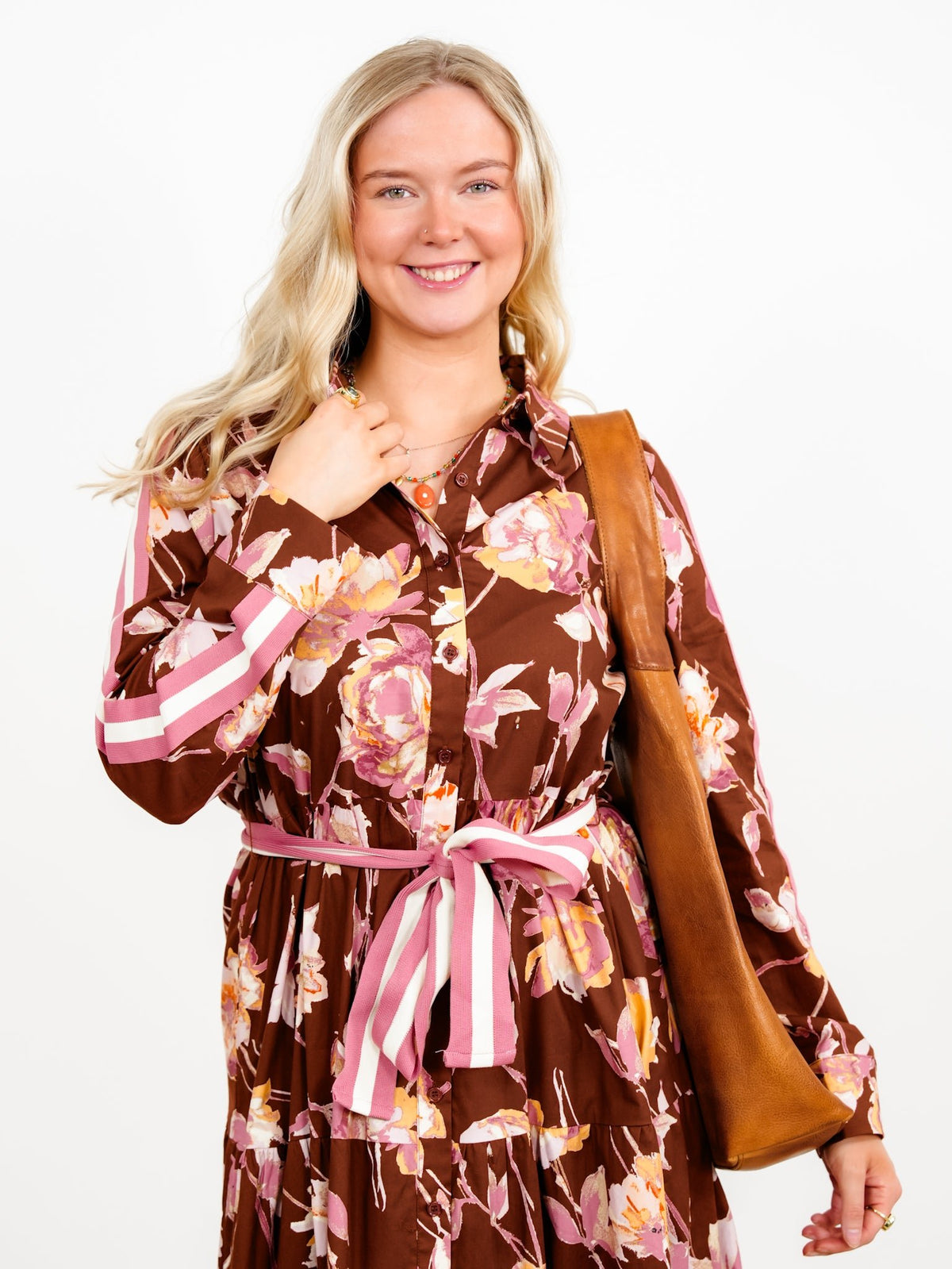 Plus/Reg Floral Long Sleeve Button Down Midi Dress - Freckled Poppy