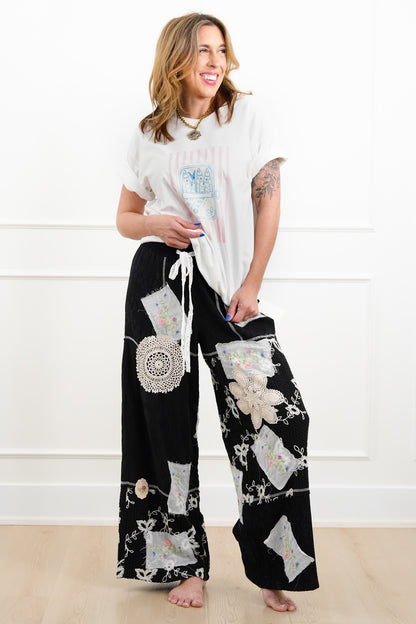 POL Floral Patch Elastic Waist Wide Leg Pants