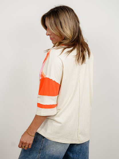 Color Block Short Sleeve Top with Star Patch Detail - Freckled Poppy