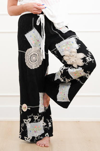 POL Floral Patch Elastic Waist Wide Leg Pants