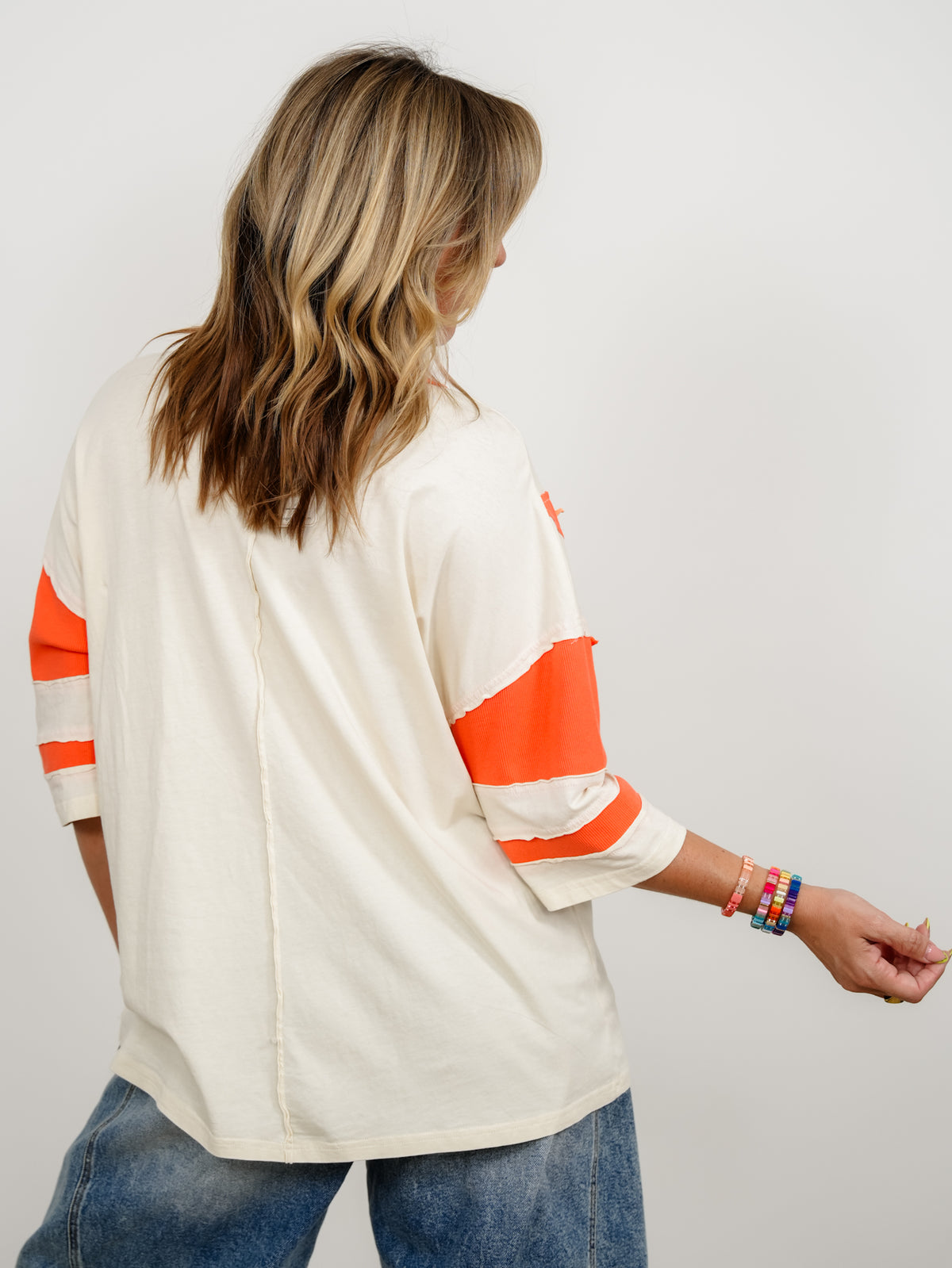 Color Block Short Sleeve Top with Star Patch Detail - Freckled Poppy