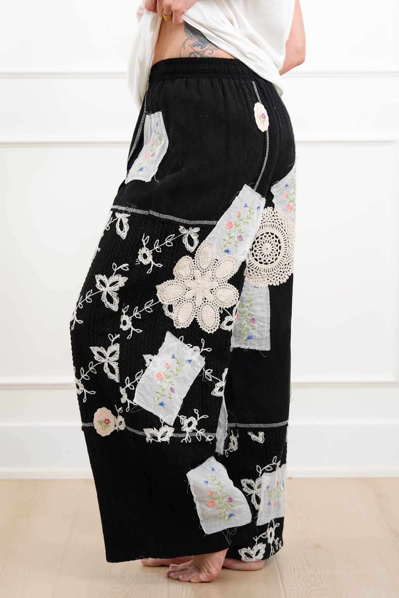 POL Floral Patch Elastic Waist Wide Leg Pants
