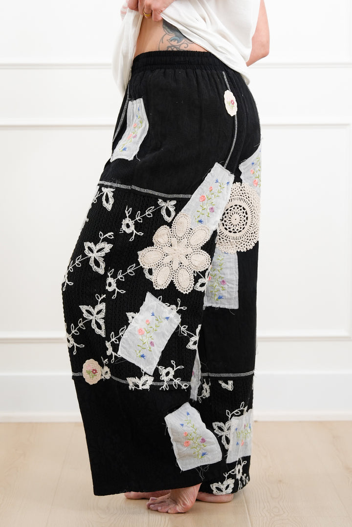 POL Floral Patch Elastic Waist Wide Leg Pants