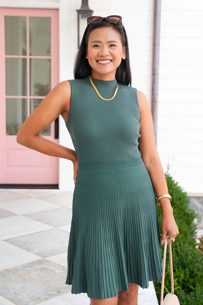 Sleeveless Mock Neck Pleated Mini Sweater Dress