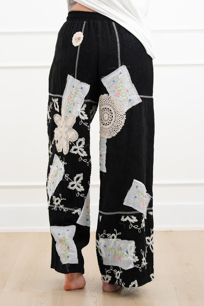 POL Floral Patch Elastic Waist Wide Leg Pants