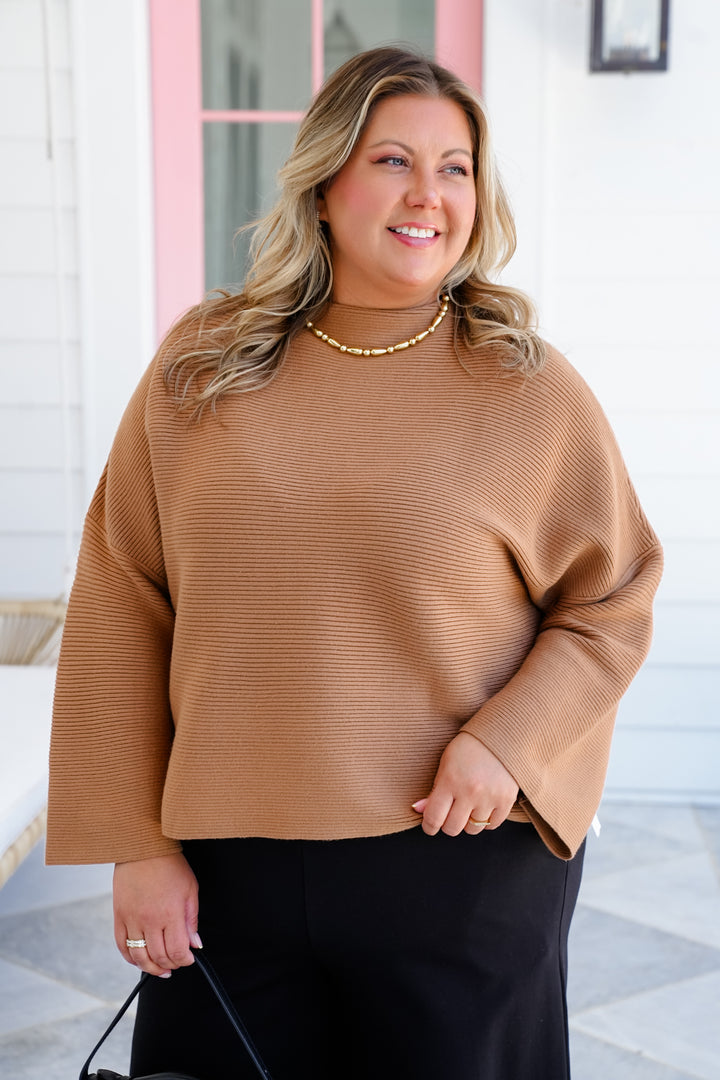 Plus Camel Ribbed Knit 3/4 Sleeve High Mock Neck Top