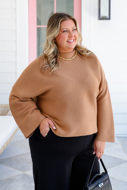 Plus Camel Ribbed Knit 3/4 Sleeve High Mock Neck Top