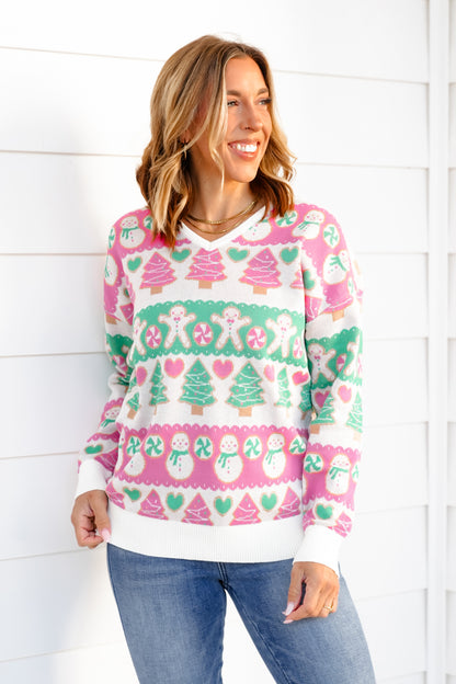 Plus/Reg Christmas Pattern Long Sleeve V Neck Sweater