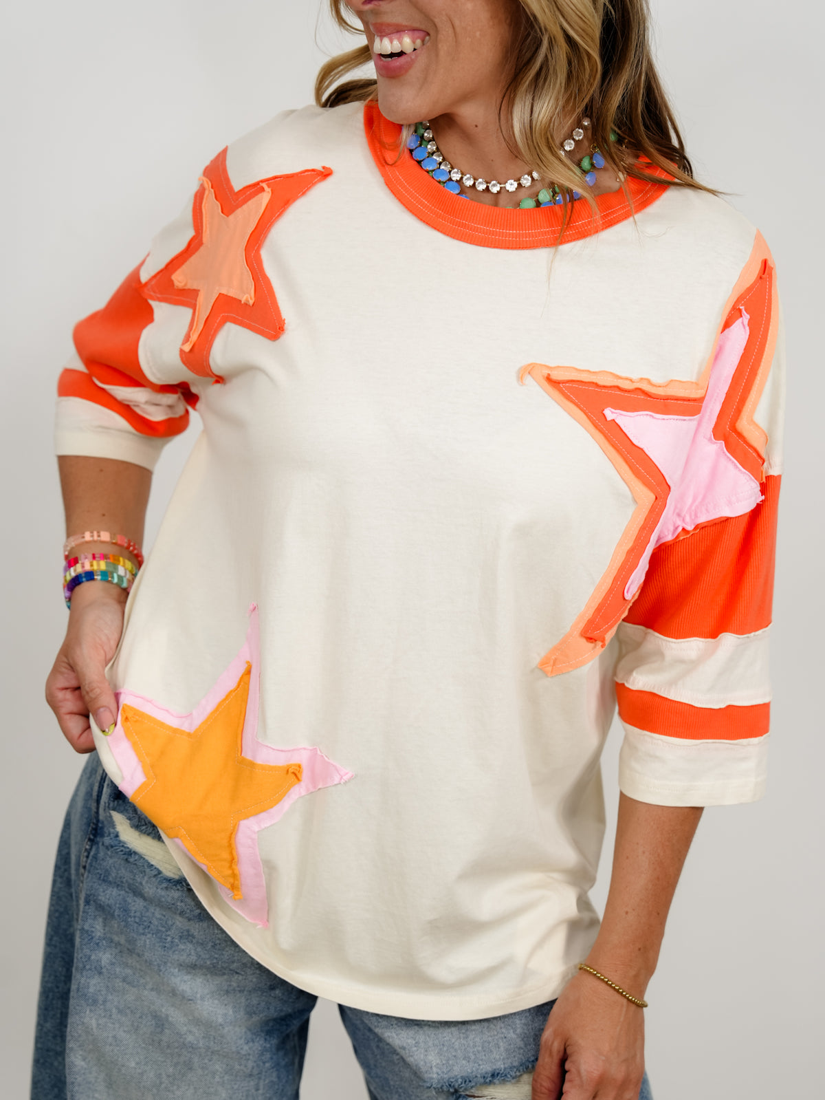 Color Block Short Sleeve Top with Star Patch Detail - Freckled Poppy