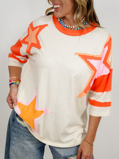Color Block Short Sleeve Top with Star Patch Detail - Freckled Poppy
