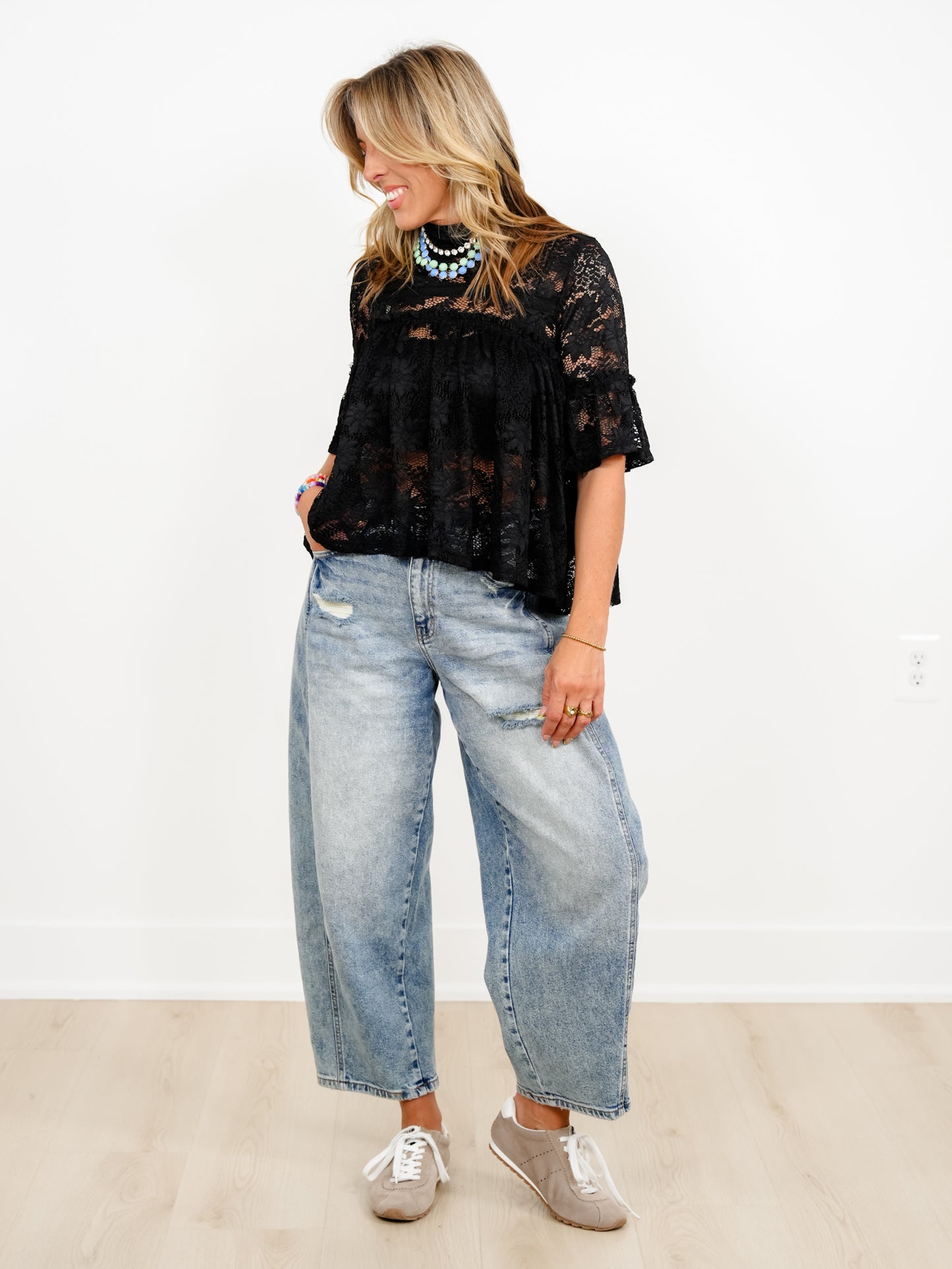 Lace Short Sleeve Mock Neck Baby Doll Top