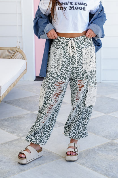 Restock! POL Distressed Green Leopard Jogger Pants with Crochet Detail