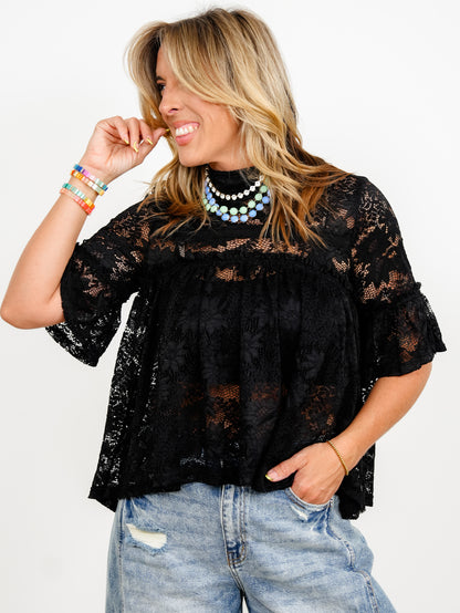 Lace Short Sleeve Mock Neck Baby Doll Top