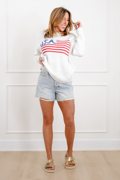 White Long Sleeve "USA" Pullover Knit Sweater