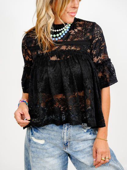 Lace Short Sleeve Mock Neck Baby Doll Top