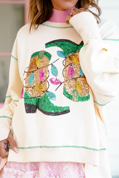 Long Sleeve Sequin Cowboy Boots Pullover Sweatshirt