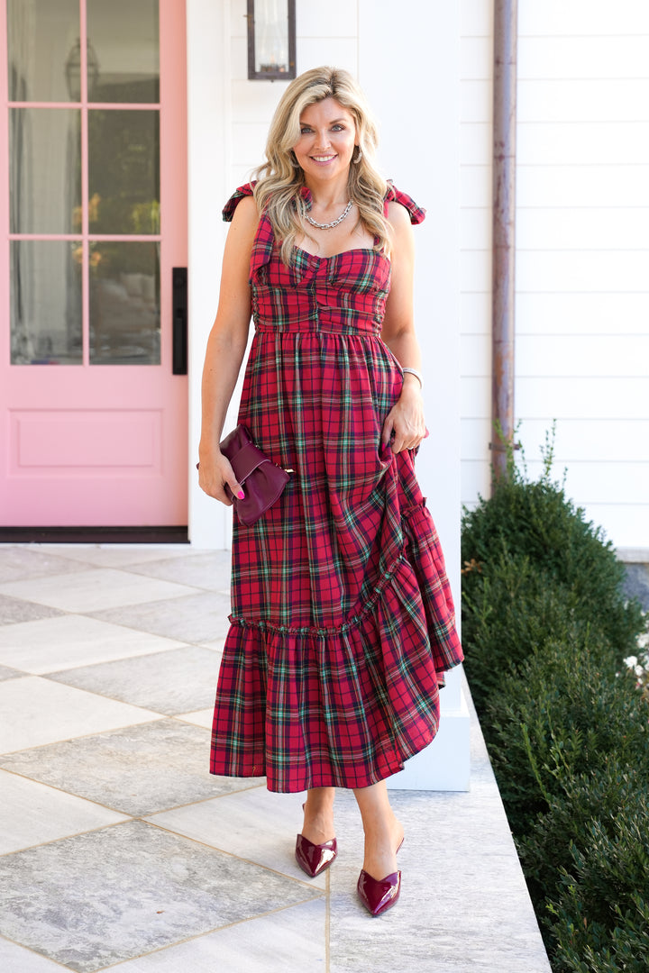 Check Plaid Sleeveless Midi Dress with Ribbon Strap