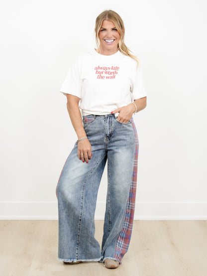 Contrast Plaid Mix Washed Solid Knit Wide Leg Pants With Frayed Edge