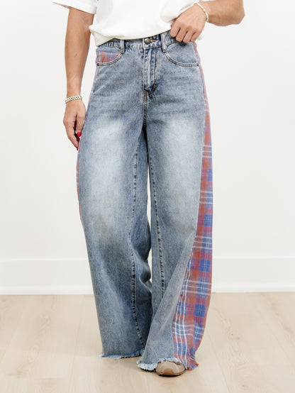 Contrast Plaid Mix Washed Solid Knit Wide Leg Pants With Frayed Edge
