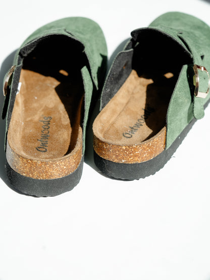 Vegan Suede Buckle Strap Clog Mule