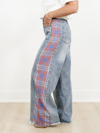 Contrast Plaid Mix Washed Solid Knit Wide Leg Pants With Frayed Edge