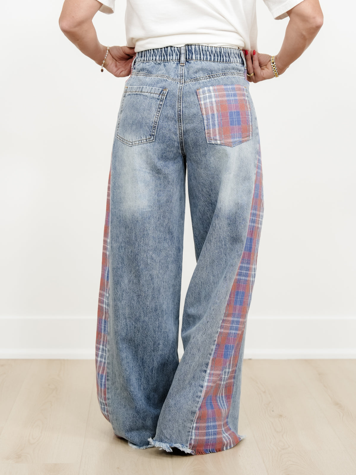 Contrast Plaid Mix Washed Solid Knit Wide Leg Pants With Frayed Edge