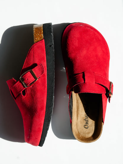 Vegan Suede Buckle Strap Clog Mule
