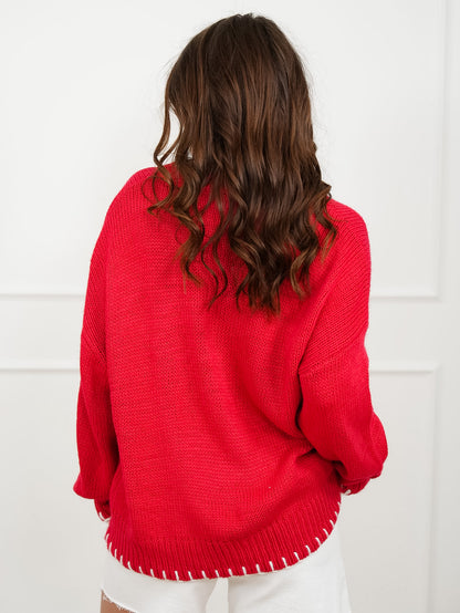Red Long Sleeve Embroidered Fish Pullover Sweater