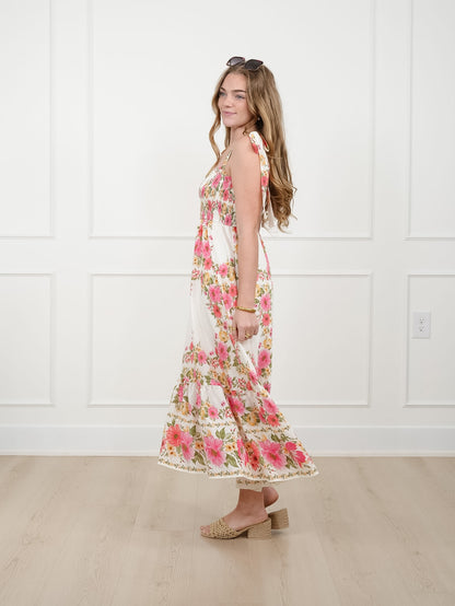 Plus/Reg Floral Sleeveless Smocked Bodice Tiered Midi Dress