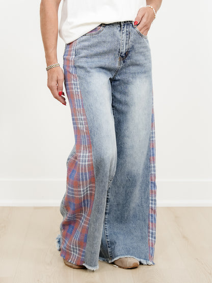 Contrast Plaid Mix Washed Solid Knit Wide Leg Pants With Frayed Edge