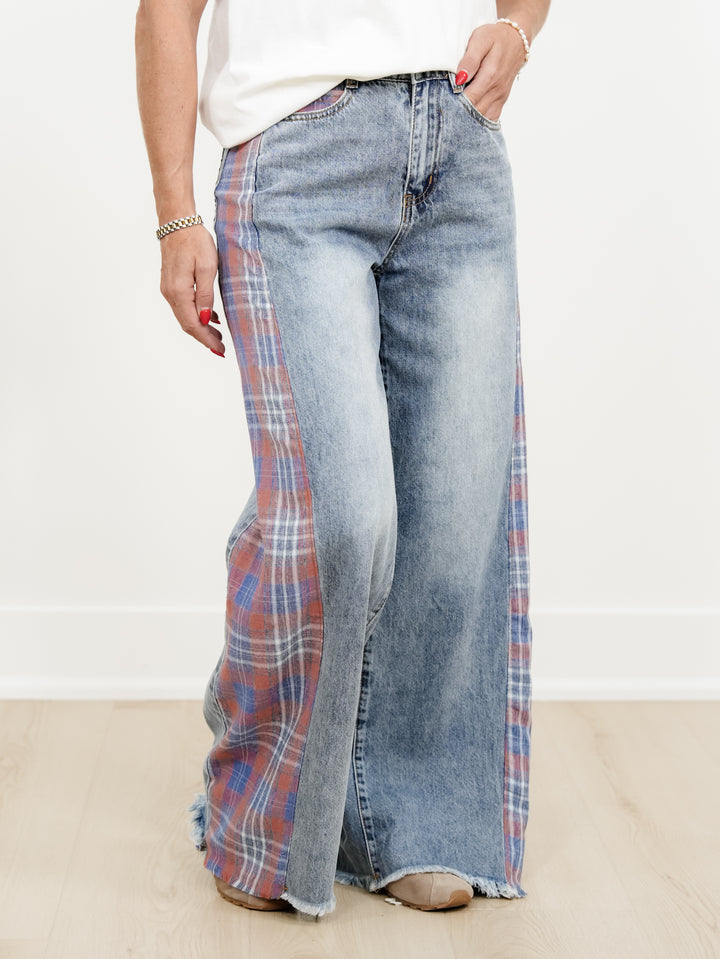 Contrast Plaid Mix Washed Solid Knit Wide Leg Pants With Frayed Edge