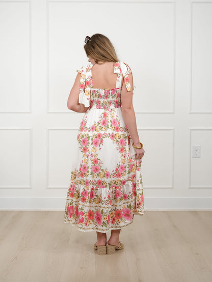 Plus/Reg Floral Sleeveless Smocked Bodice Tiered Midi Dress