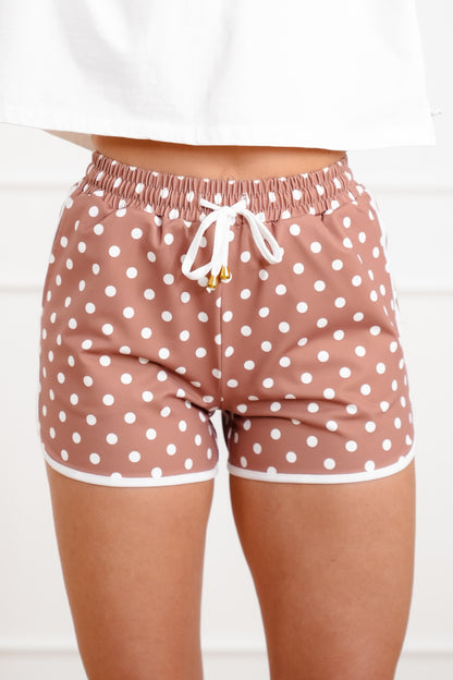 Plus/Reg Mocha Polka Dot Elastic Waist Shorts
