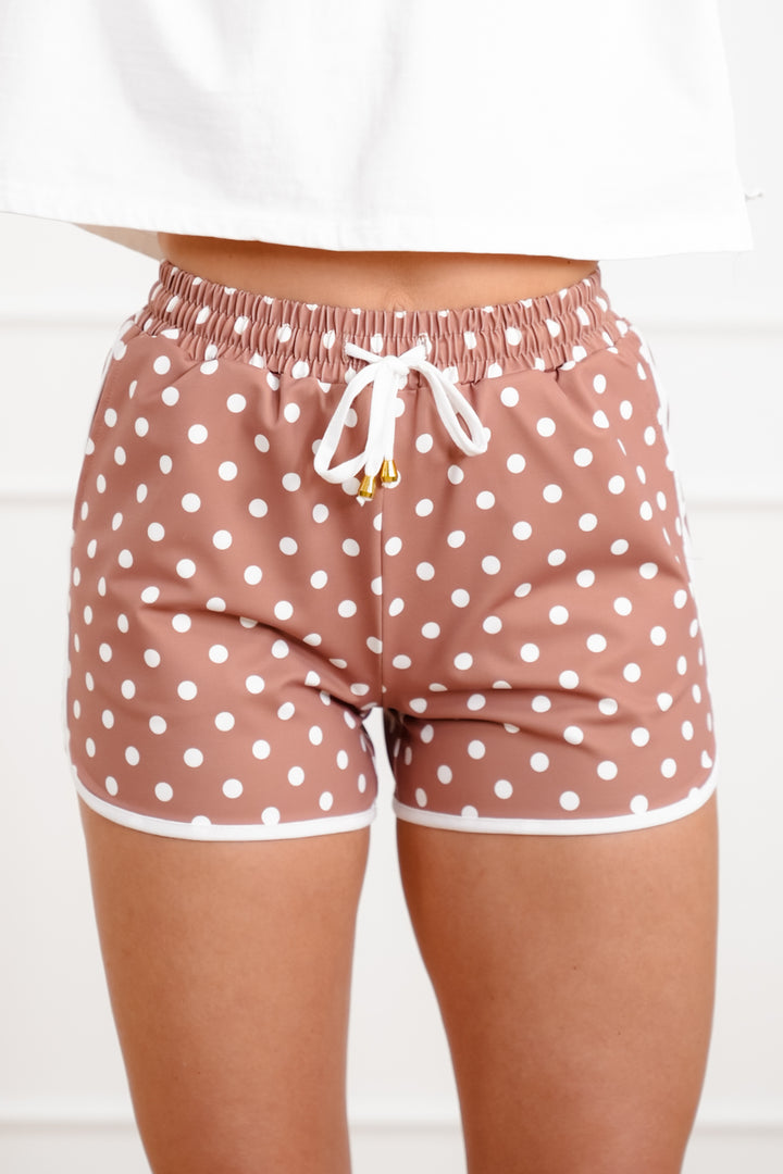 Plus/Reg Mocha Polka Dot Elastic Waist Shorts