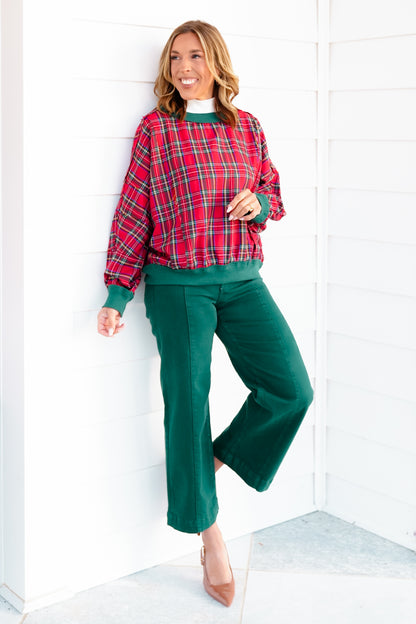 Plaid Long Sleeve Round Neck Pullover Top