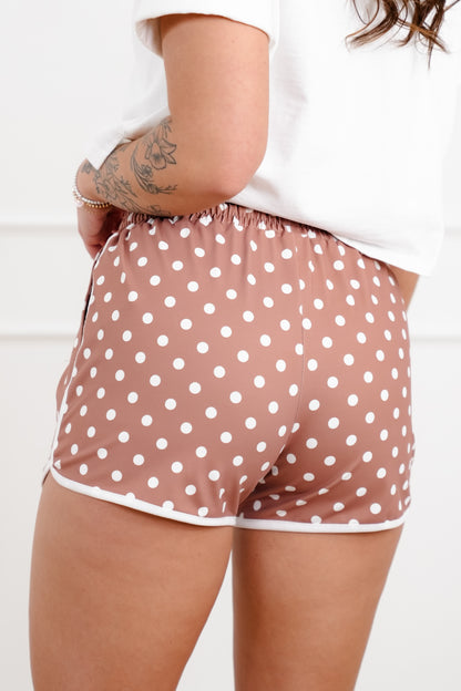 Plus/Reg Mocha Polka Dot Elastic Waist Shorts