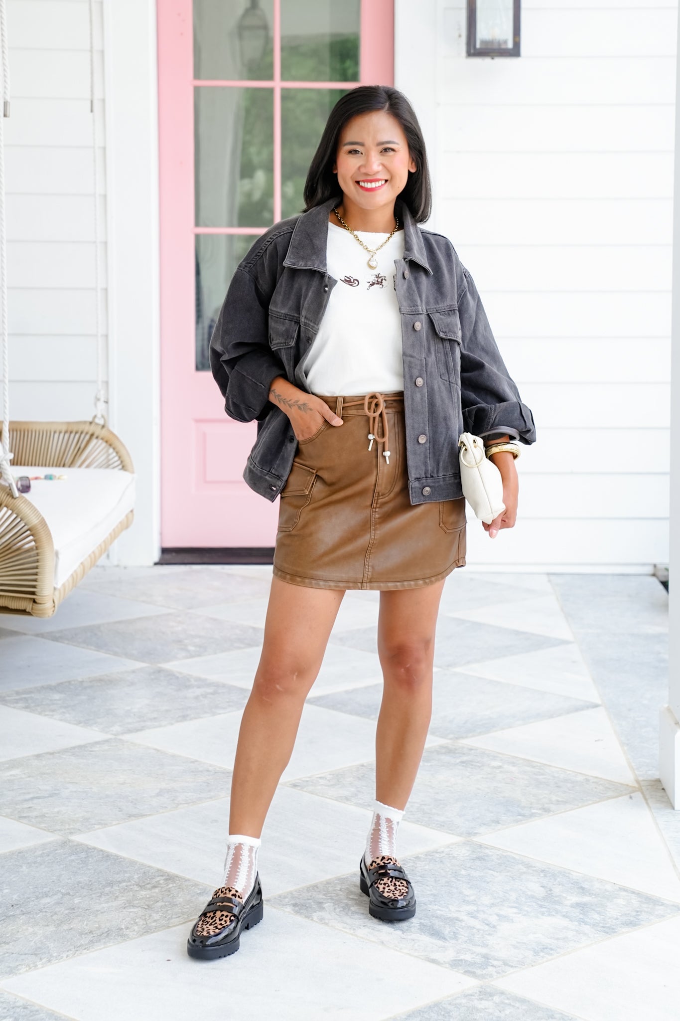 Vegan Leather Mini Skirt with Cargo Pockets