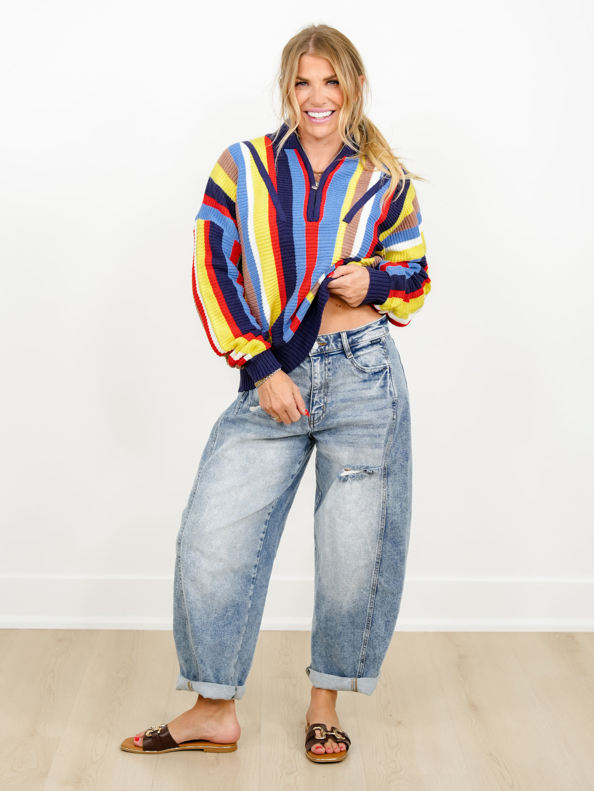 Multi Color Vertical Stripe Long Sleeve 1/4 Zip Up Sweater
