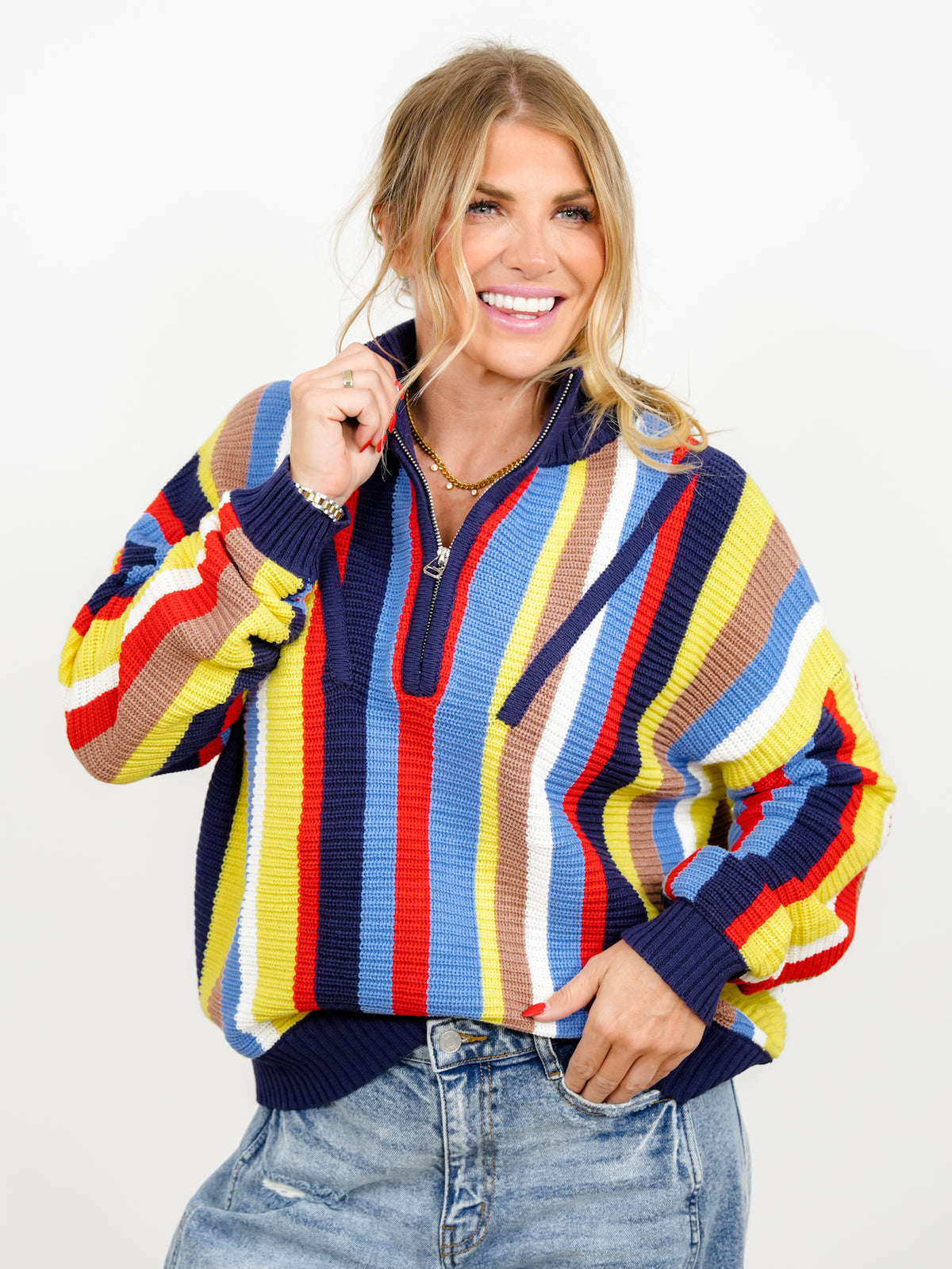 Multi Color Vertical Stripe Long Sleeve 1/4 Zip Up Sweater