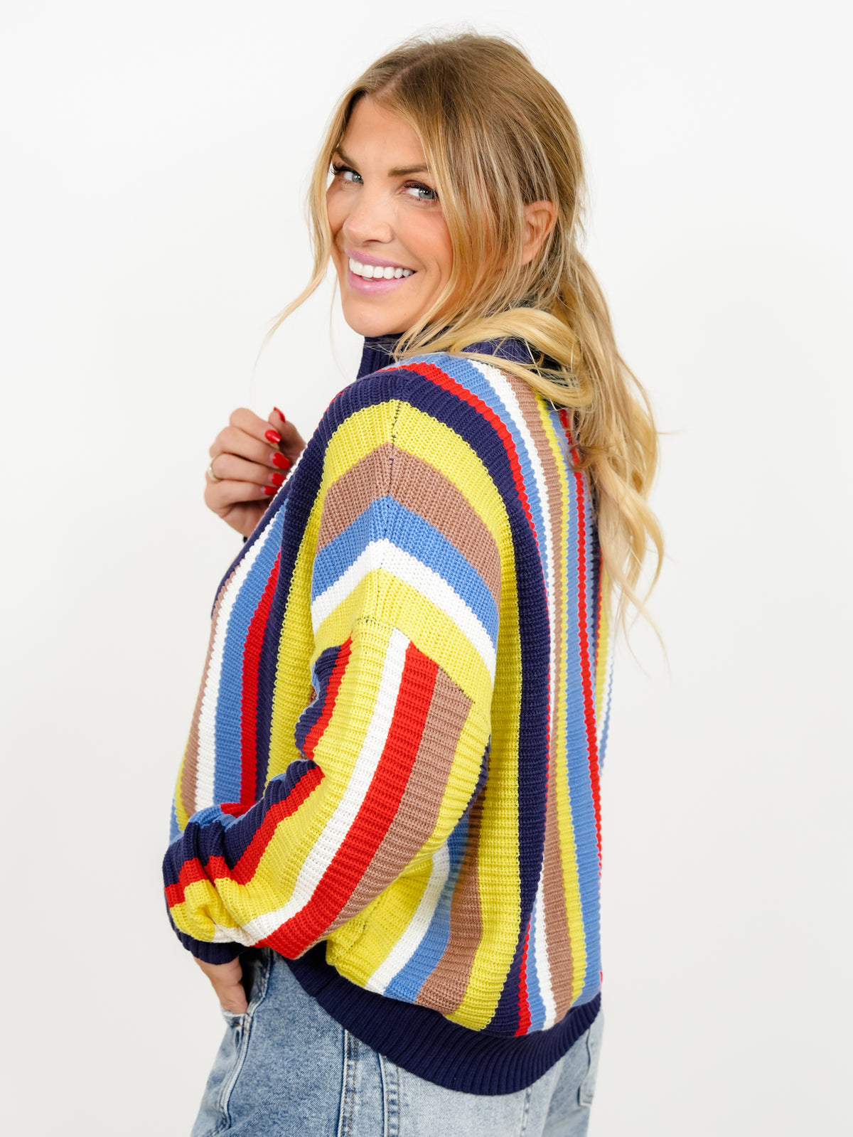 Multi Color Vertical Stripe Long Sleeve 1/4 Zip Up Sweater