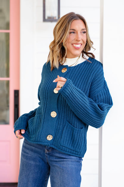 Knit Long Sleeve Big Metal Button Down Cardigan