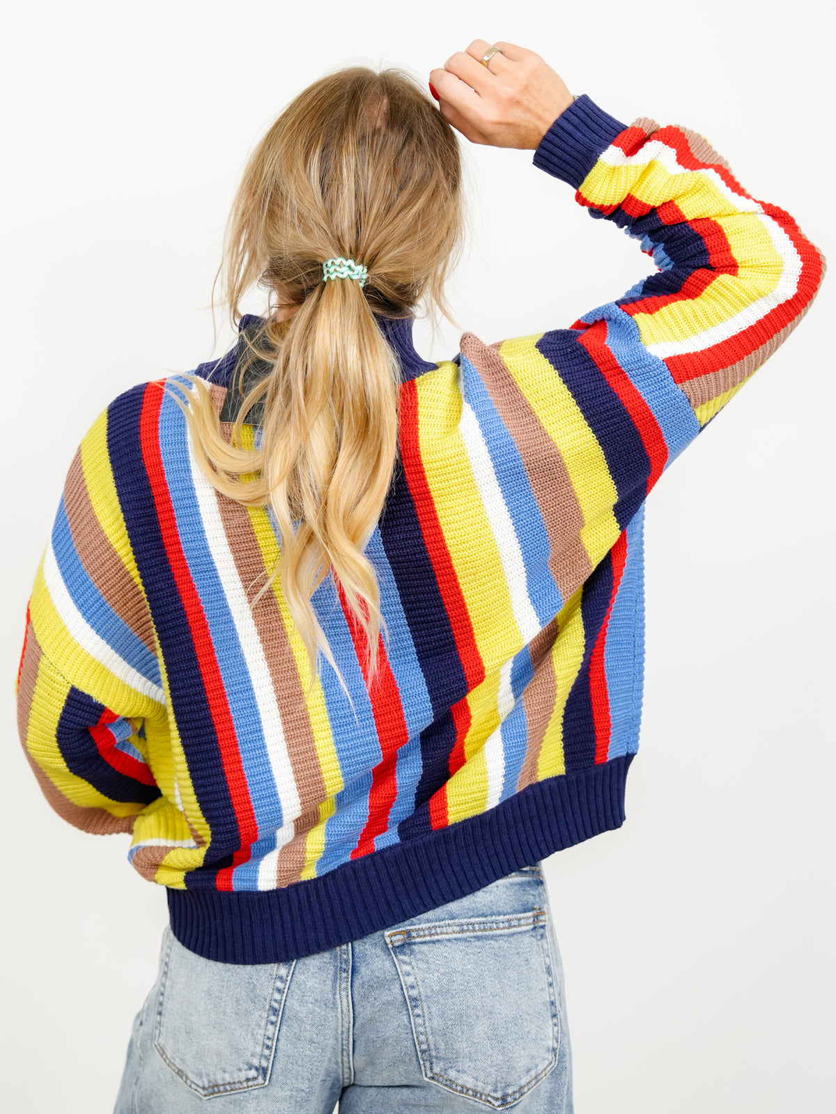Multi Color Vertical Stripe Long Sleeve 1/4 Zip Up Sweater