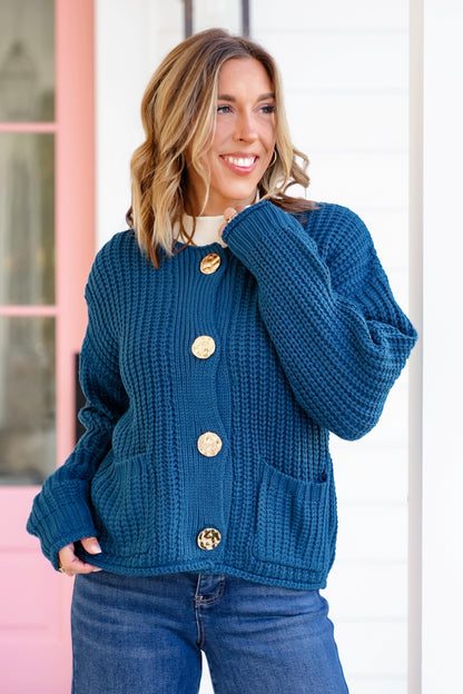 Knit Long Sleeve Big Metal Button Down Cardigan